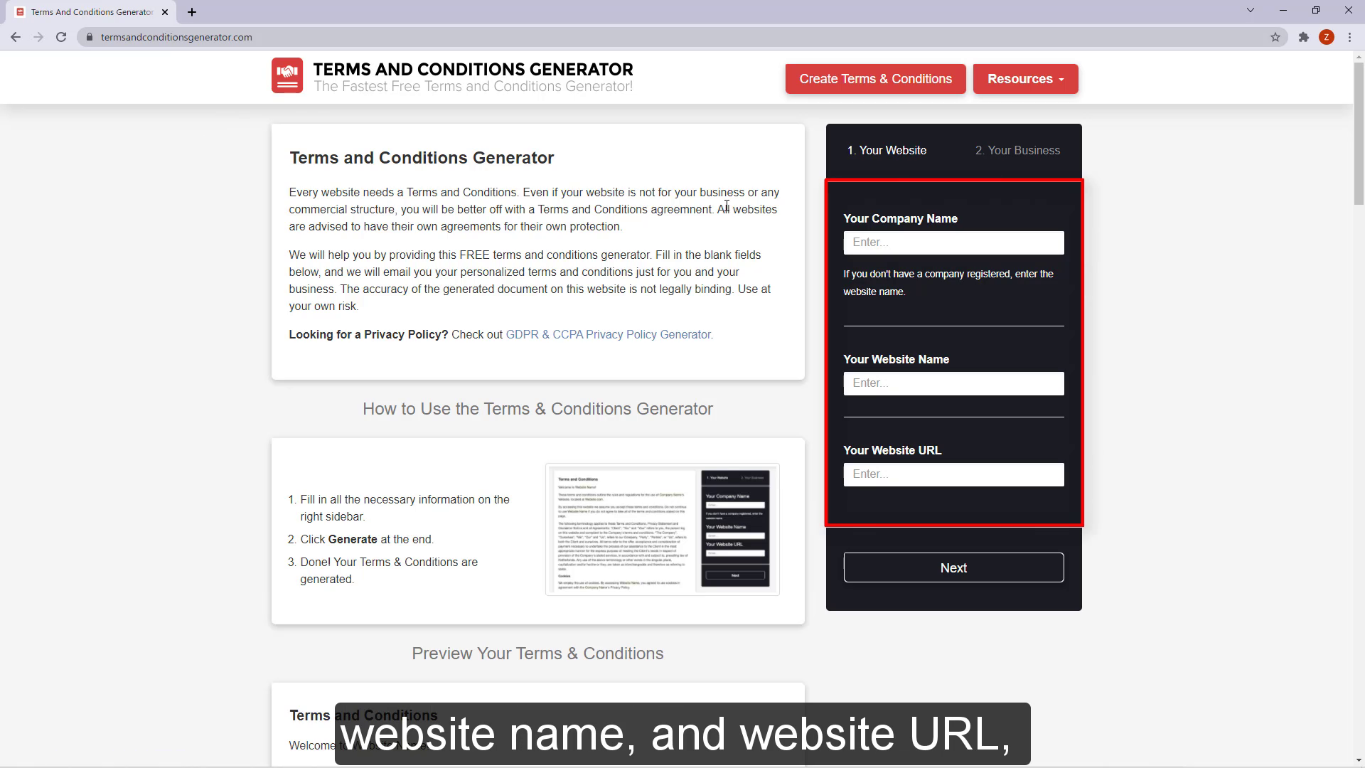 company name website and website URL 