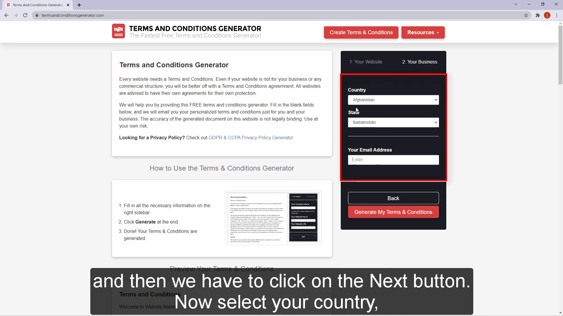 click on Generate My Terms & Conditions Button