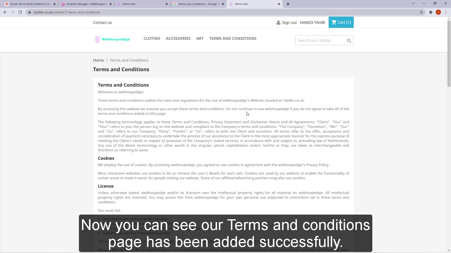 Terms and conditions page has been added successfully