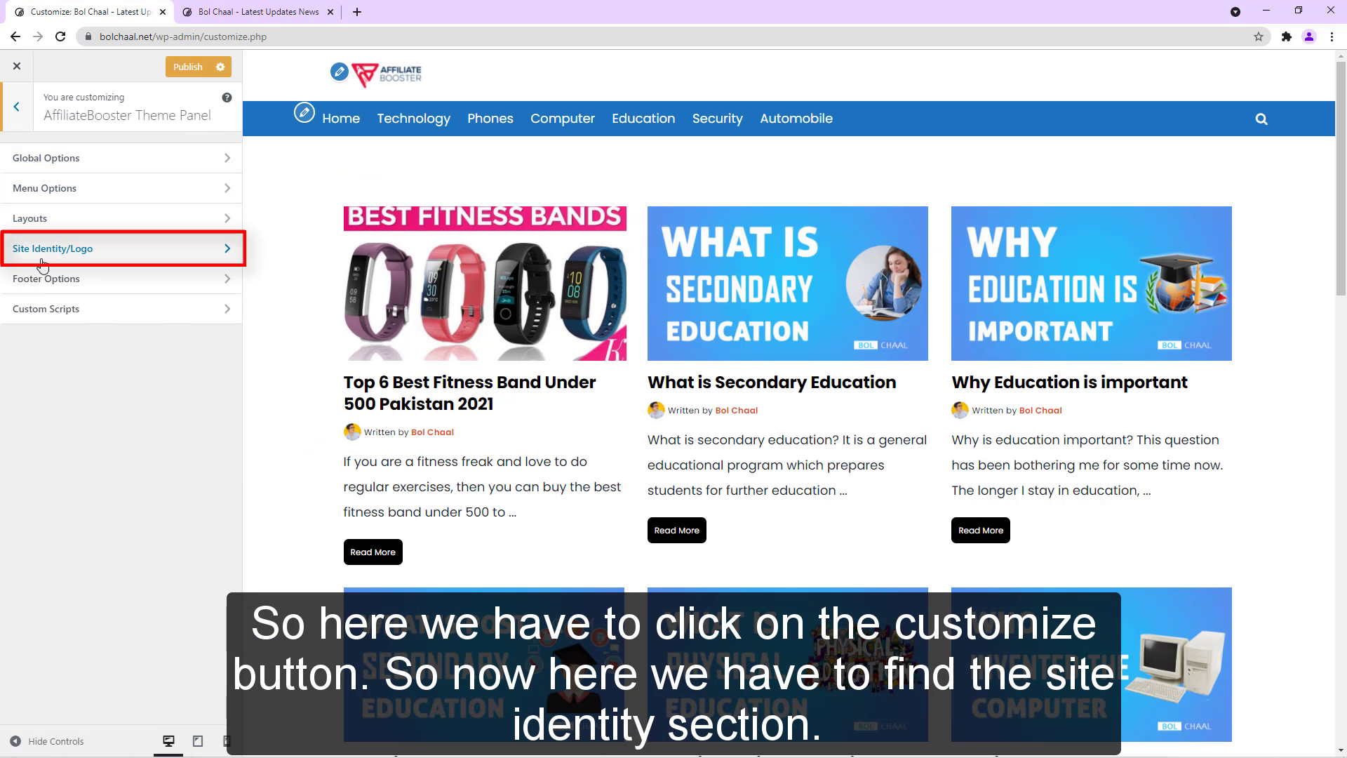 find the site identity section