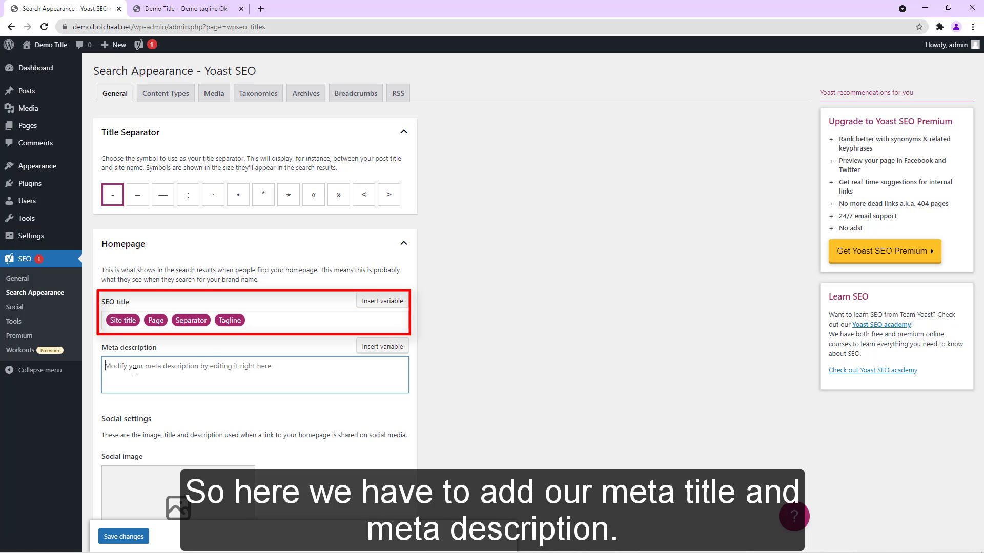 So here we have to add our meta title and meta description.