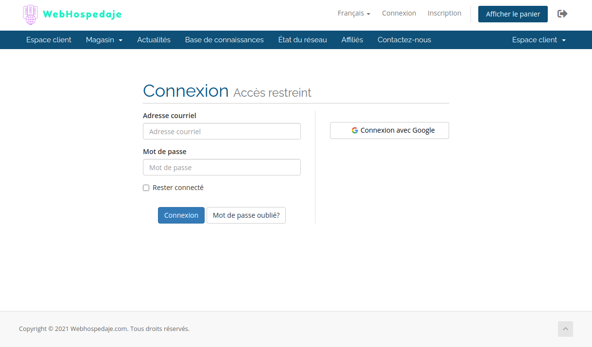 Page principale pour se connecter au panneau client Webhospedaje.com