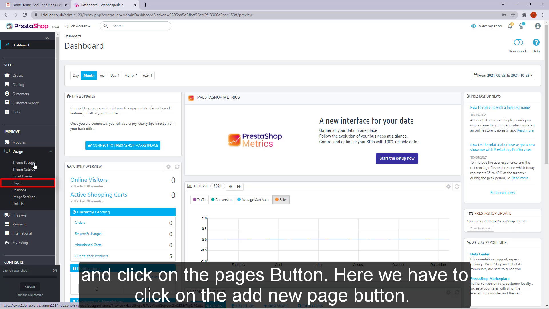 choose the design section and click on the pages Button
