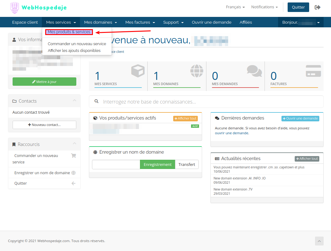 Liste des services d'hébergement contractés par les clients de webhospedaje.com