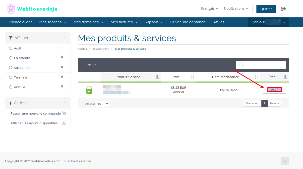 Sélectionnez le service d'hébergement actif contracté dans WebHospedaje