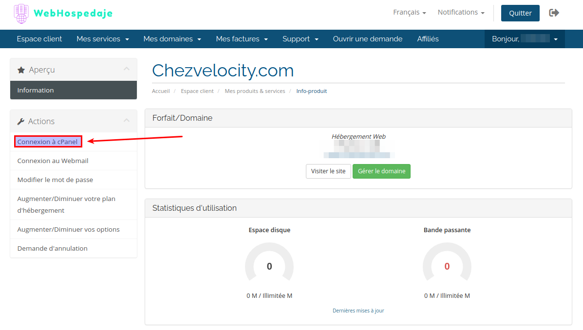 Accès à l'administrateur d'hébergement via le système cPanel.