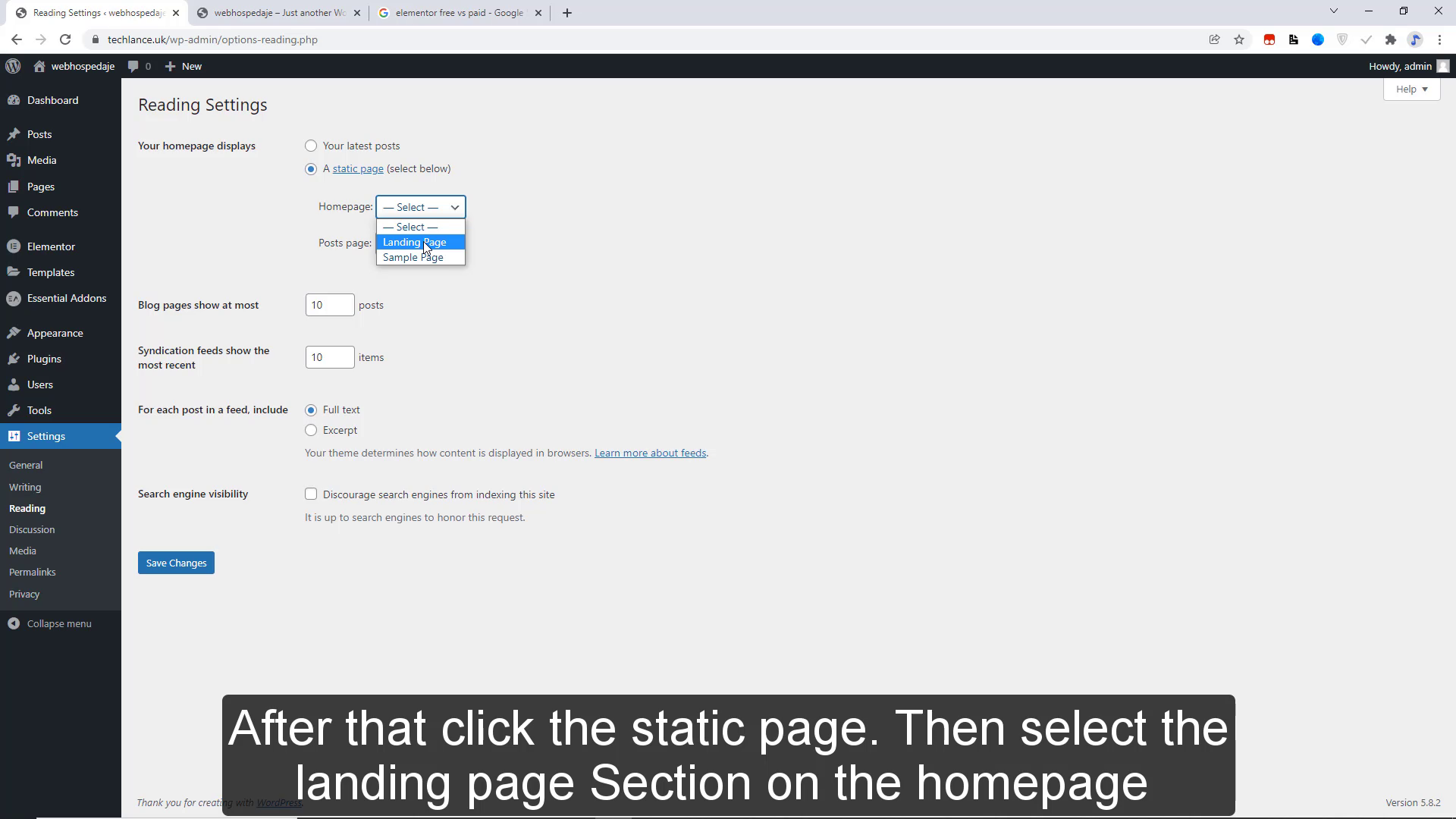 Then select the landing page Section on the homepage