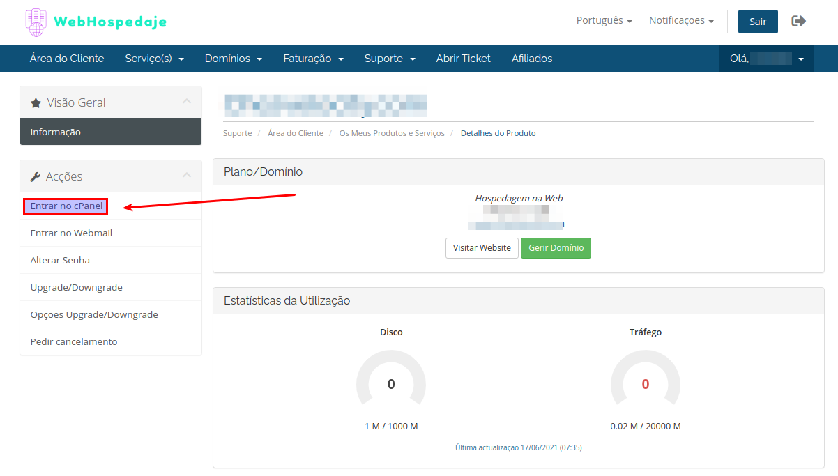 Acesso ao administrador da hospedagem atribuída através da plataforma cpanel