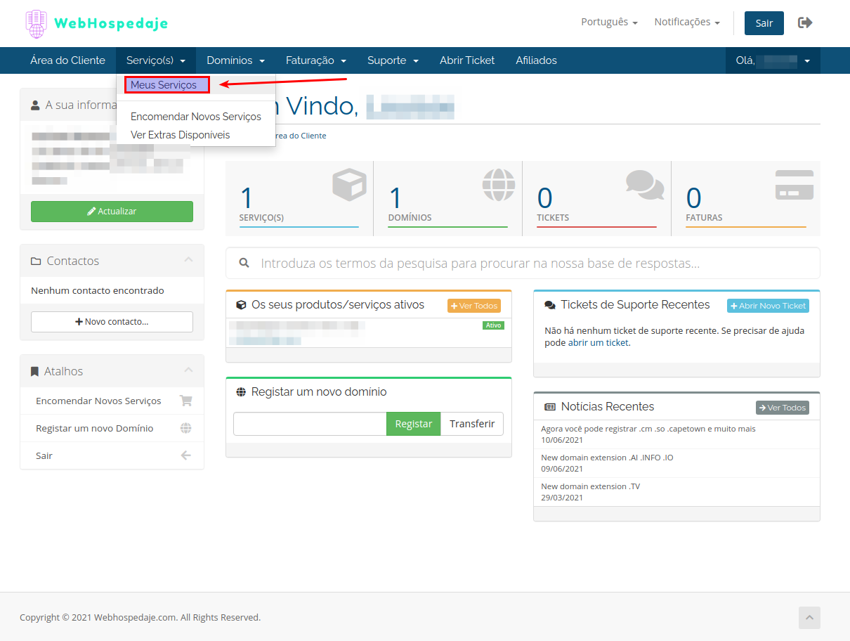Painel de clientes da webhospedaje.com com hospedagem e domínios contratados.