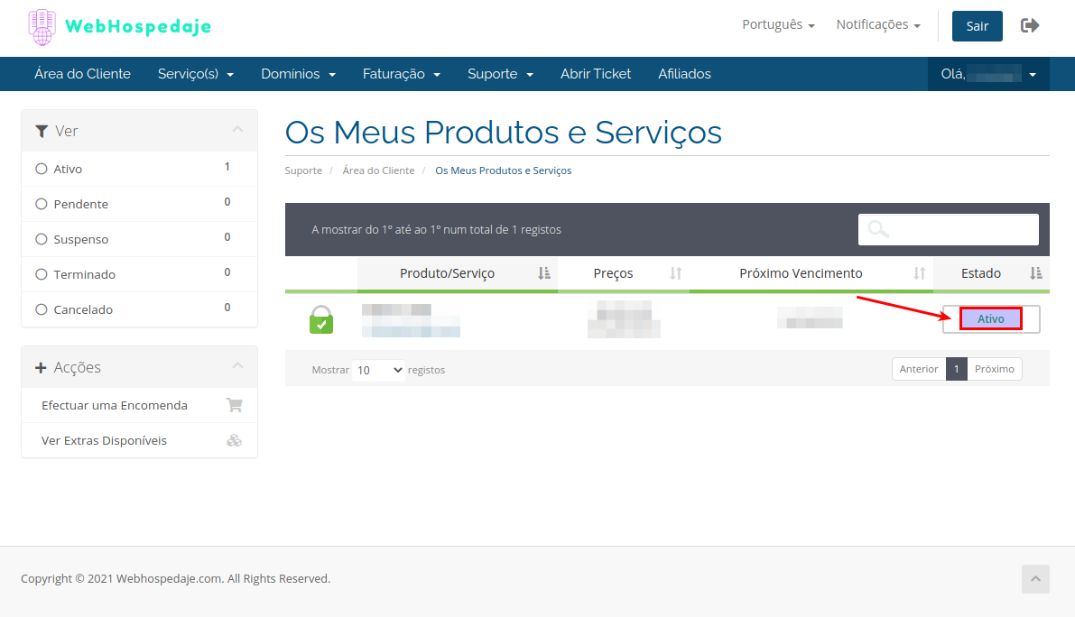 Lista com serviços de hospedagem contratados e adicionais.
