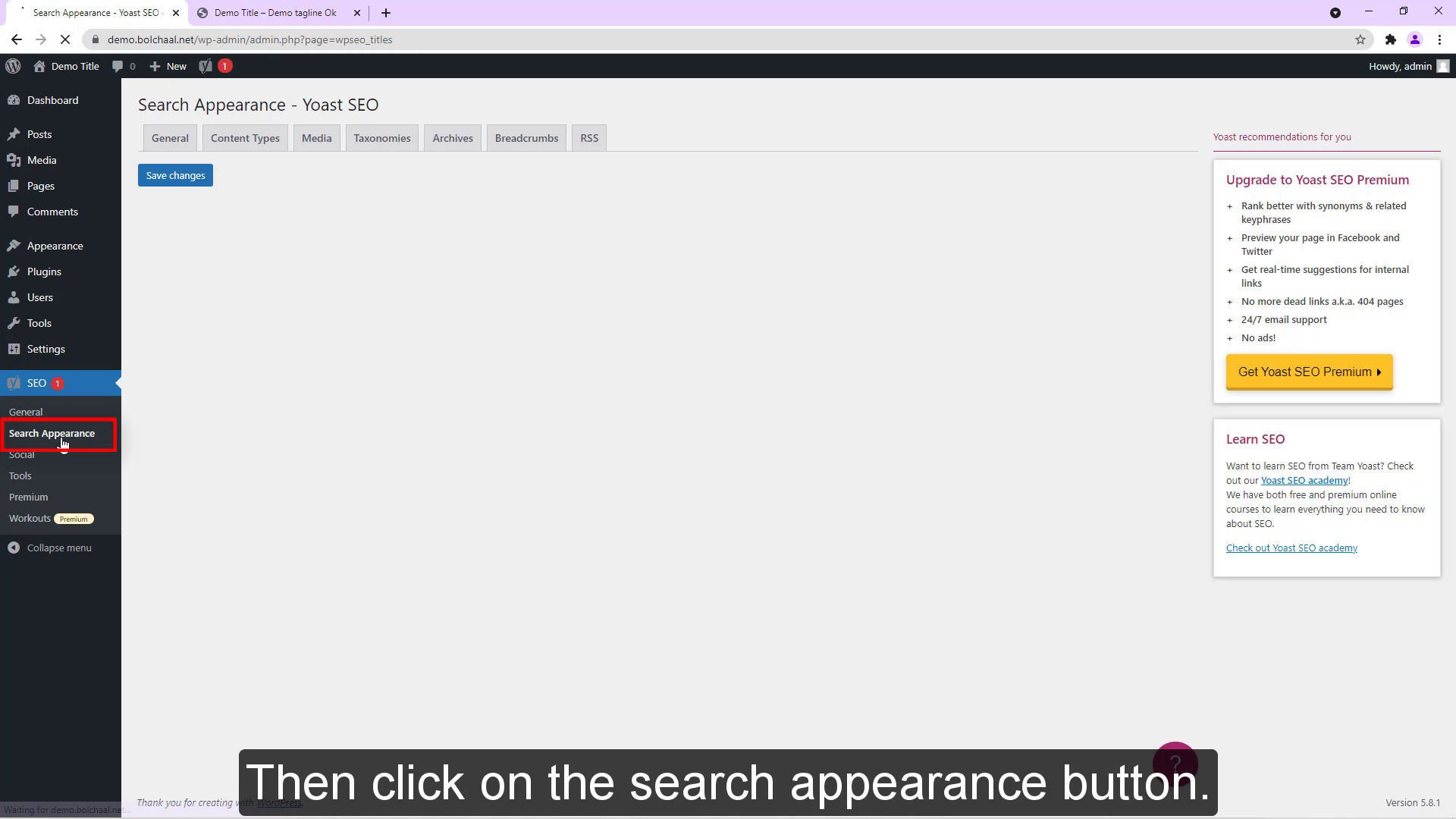 click on the search appearance button