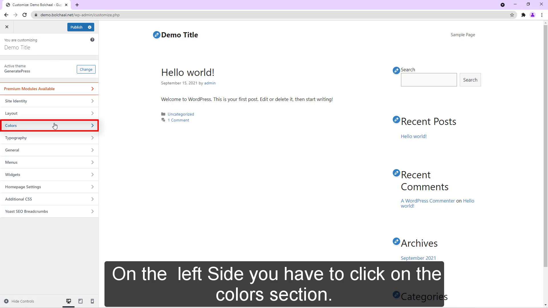 On the left Side you have to click on the colors section.