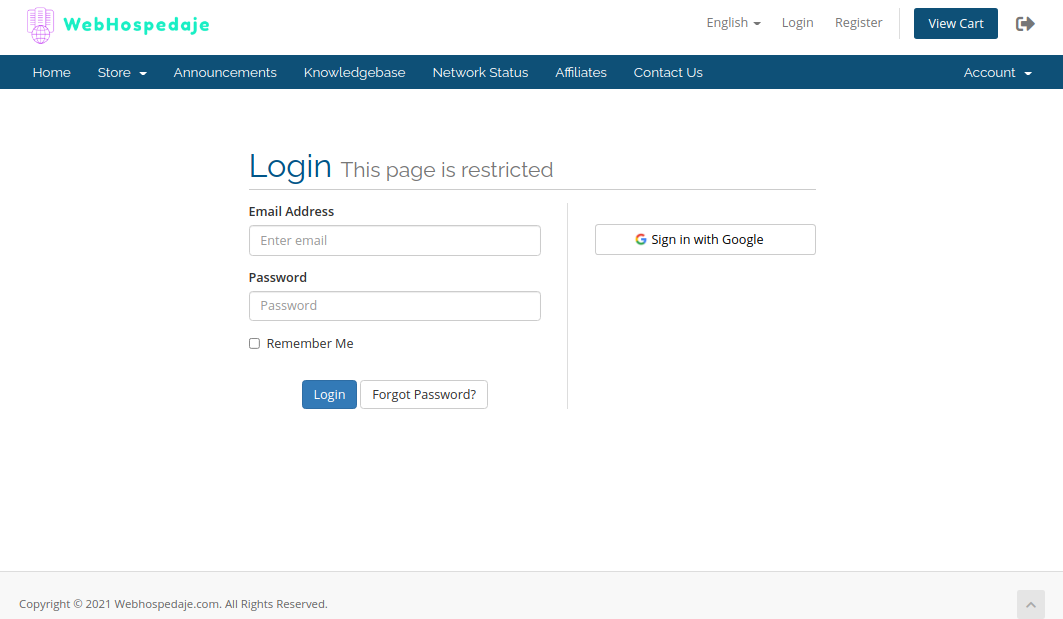 Page to log in to the Webhospedaje.com customer panel