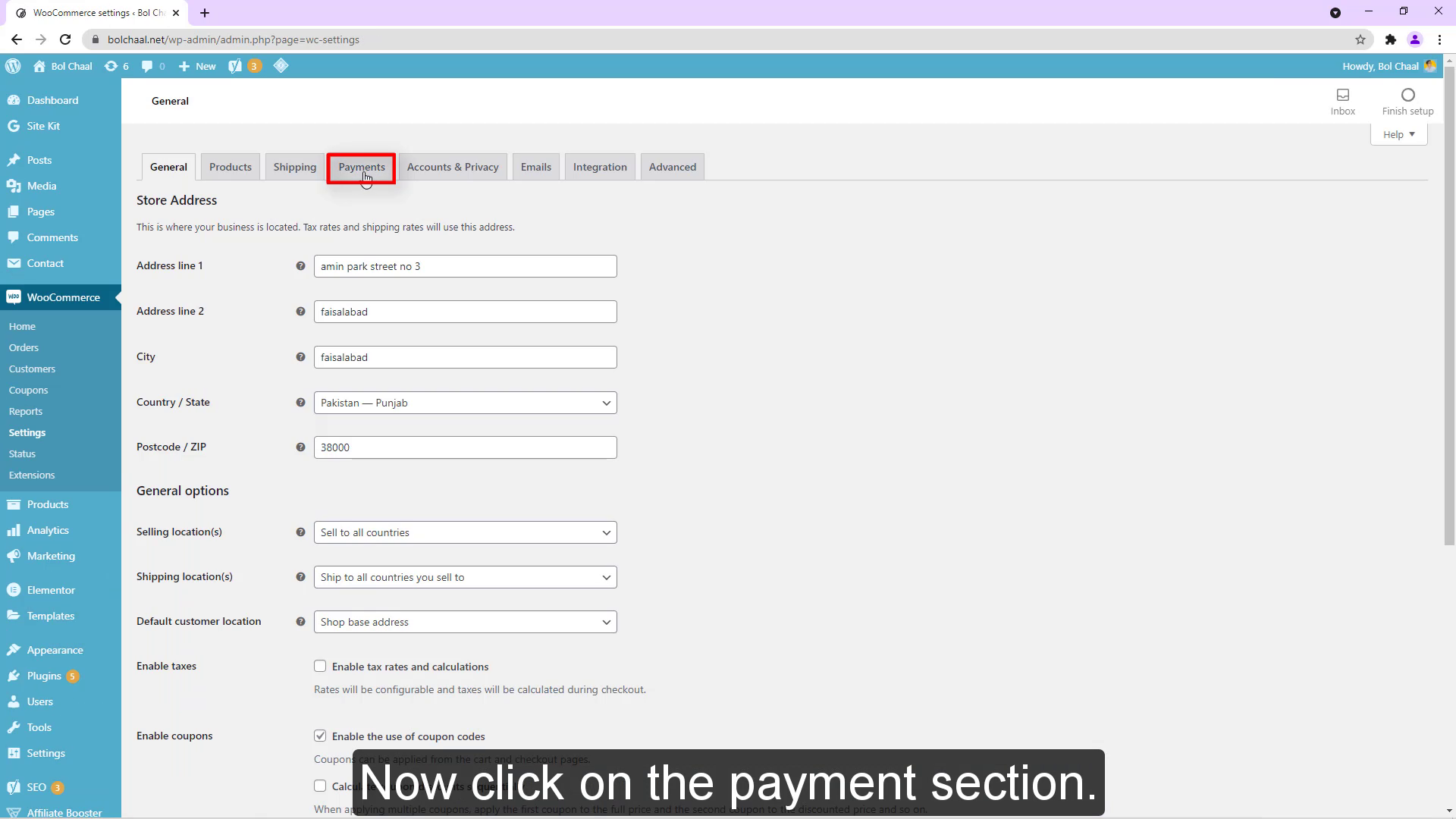 Now click on the payment section.