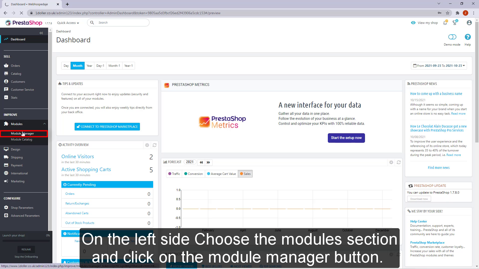 On the left side Choose the modules section and click on the module manager button