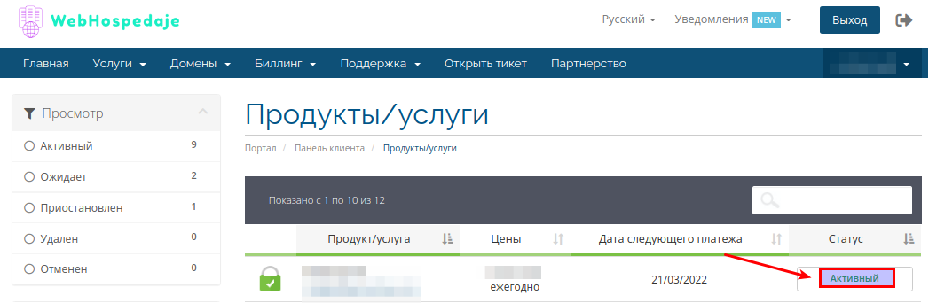Список с договорными площадями общего хостинга и арендованными доменами.