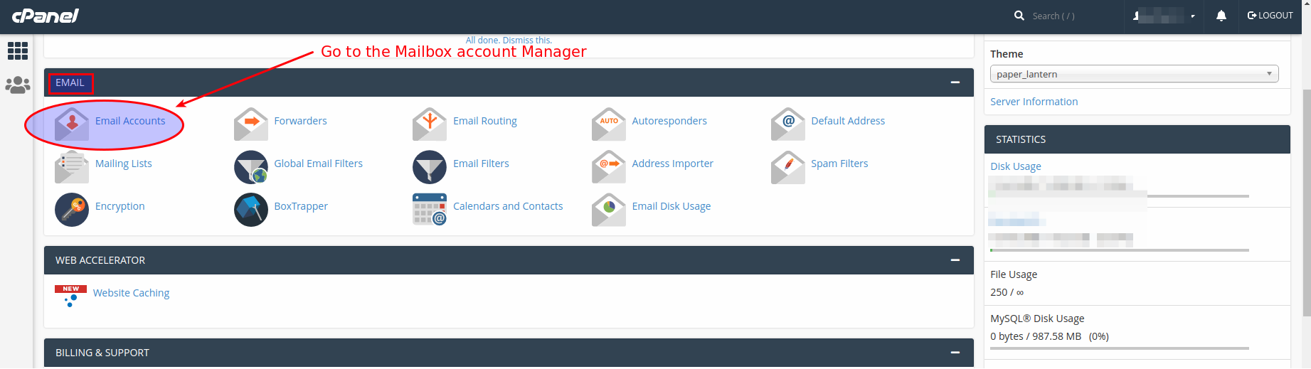 Access the email account manager to create, edit and delete.