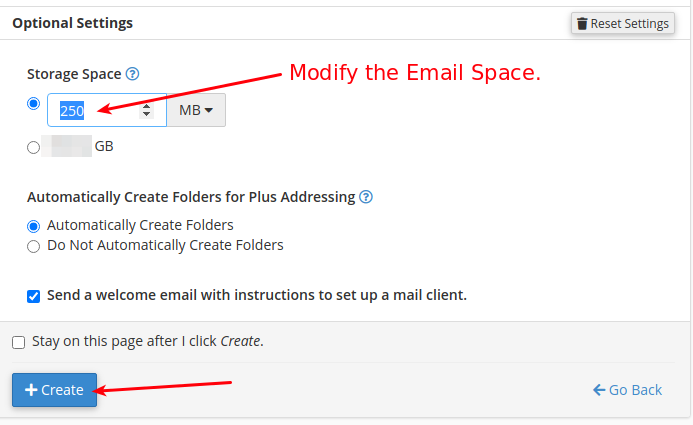 Modify the space for inboxes, outboxes, drafts, spam and others associated with the corporate mail that will be created.